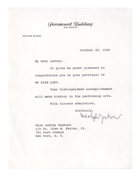 Audrey Hepburn Receives a Letter From Paramount Founder Adolph Zukor -- It gives me great pleasure to congratulation you on your portrayal of MY FAIR LADY -- From Audreys Personal Collection